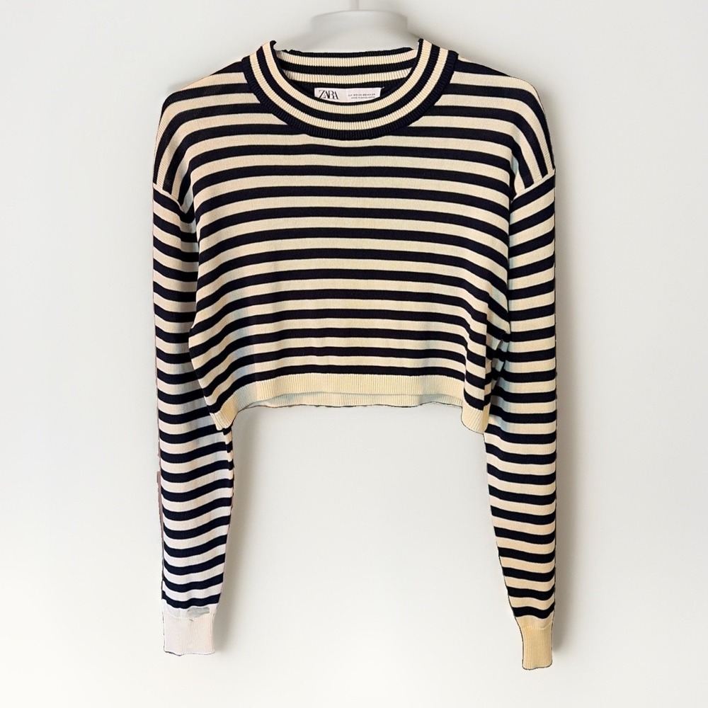 ZARA Cropped Long Sleeve Striped Sweater Shirt Size XS Fall Layering Top